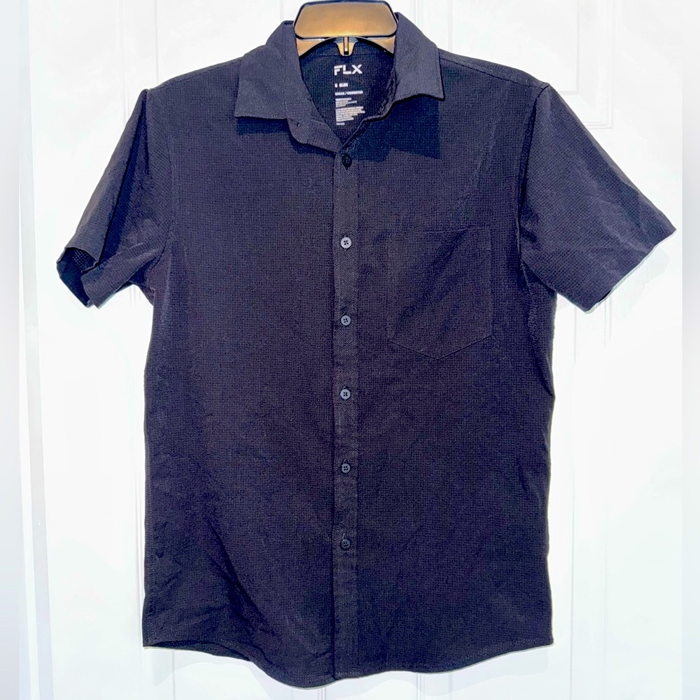 FLX Men's Black Short Sleeve Button Down Shirt. Size S. Slim fit.